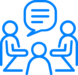 Icon-listen Blue outlined icons show three people seated around a table in a meeting, with a speech bubble indicating discussion.