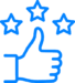Icon-proud-darker-blue Blue outline thumbs-up icon with three stars, signaling high rating or approval.